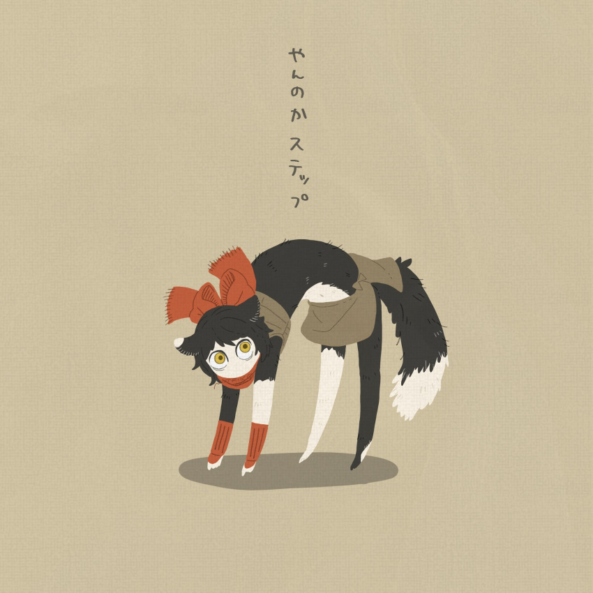 1girl, animal_ears, black_fur, cat_ears, cat_girl, cat_tail, colored_sclera, dungeon_meshi, frown, full_body, highres, izutsumi, koro_(funnycollo), looking_at_viewer, midriff, no_mouth, red_scarf, scarf, shadow, short_hair, simple_background, solo, tail, white_fur, yellow_sclera