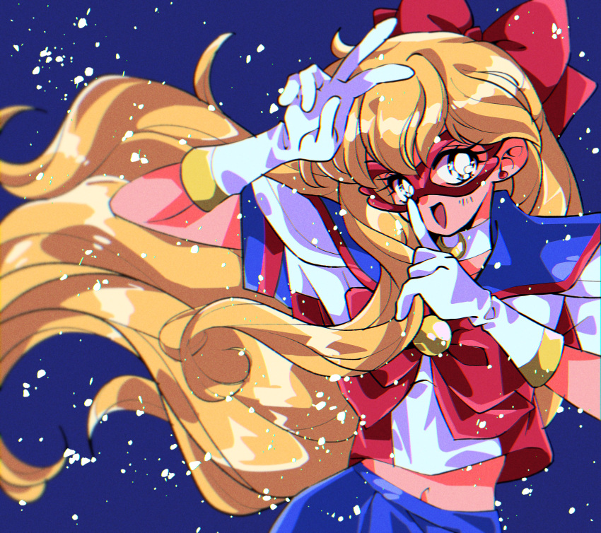 1girl, \m/, absurdres, aino_minako, blonde_hair, blue_background, blue_sailor_collar, blue_skirt