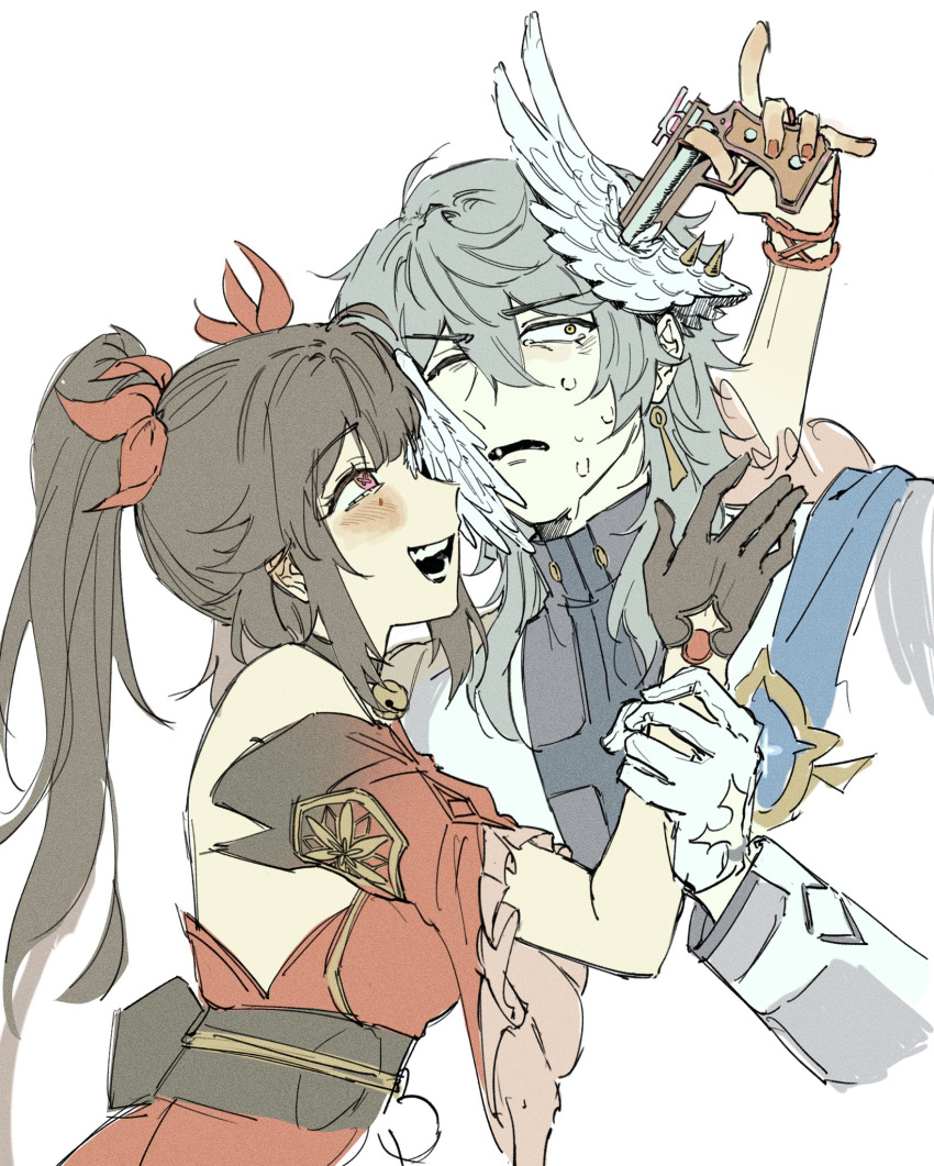 1boy, 1girl, aiming, bell, black_gloves, black_sash, blush, brown_hair