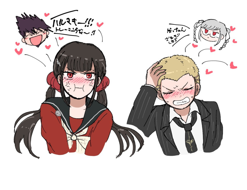 2boys, 2girls, :d, anger_vein, black_jacket, black_necktie, blonde_hair, blush
