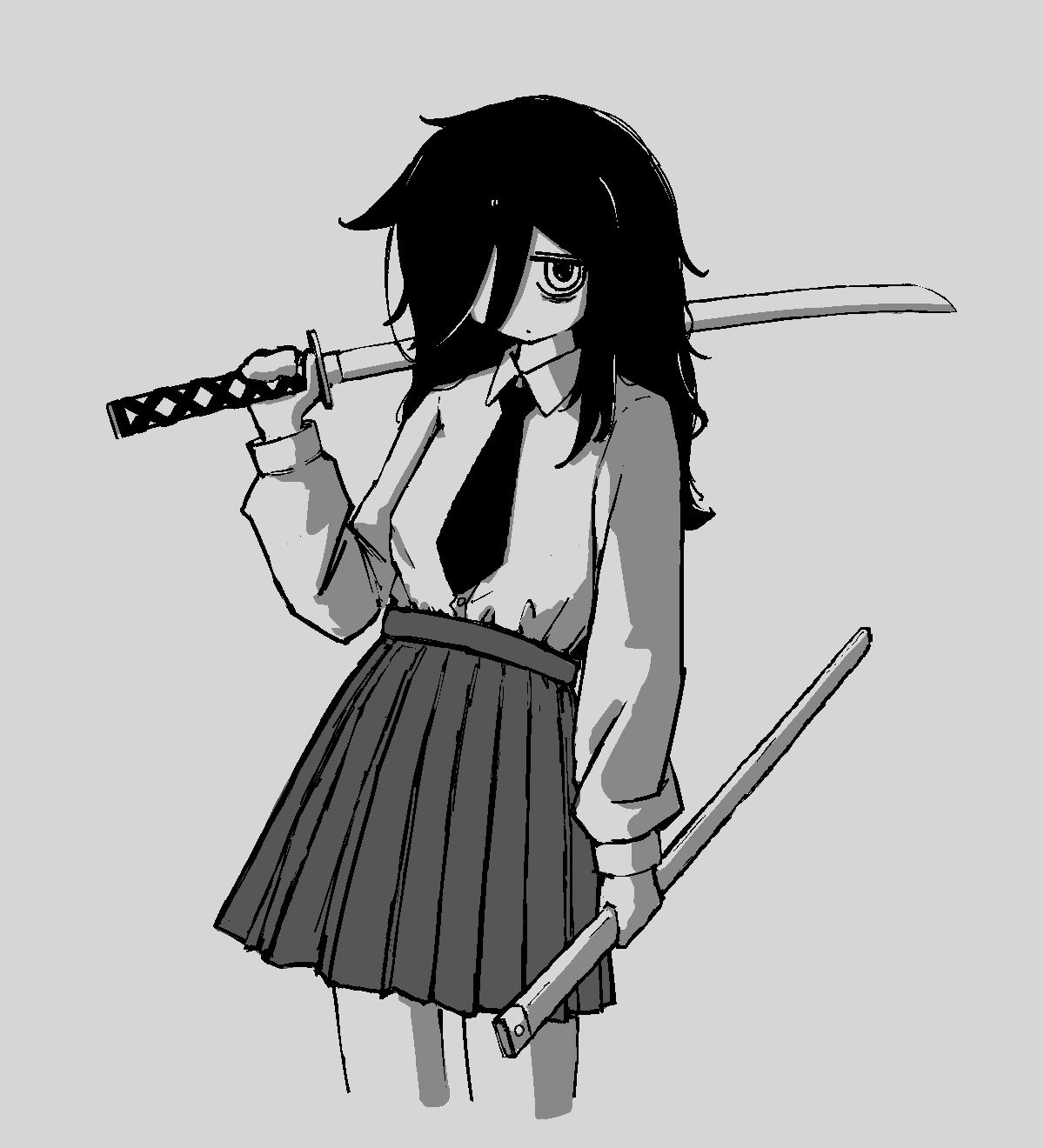 1girl, arm_up, bags_under_eyes, closed_mouth, dot_mouth, grey_background, greyscale, hair_over_one_eye, highres, holding, holding_sword, holding_weapon, katana, kuroki_tomoko, long_sleeves, looking_at_viewer, medium_hair, monochrome, necktie, nyaausea, shirt, simple_background, skirt, solo, sword, watashi_ga_motenai_no_wa_dou_kangaetemo_omaera_ga_warui!, weapon