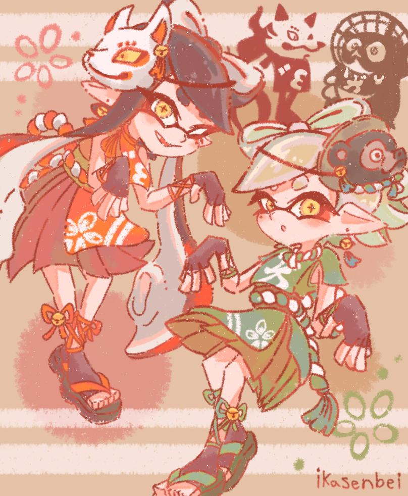 2girls, alternate_costume, artist_name, black_hair, bow-shaped_hair, brown_background, callie_(splatoon), commentary_request