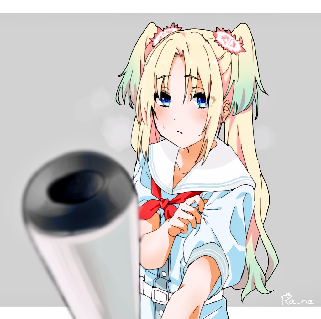 1girl, aqua_hair, artist_name, blonde_hair, blue_dress, blue_eyes, blurry, blurry_foreground
