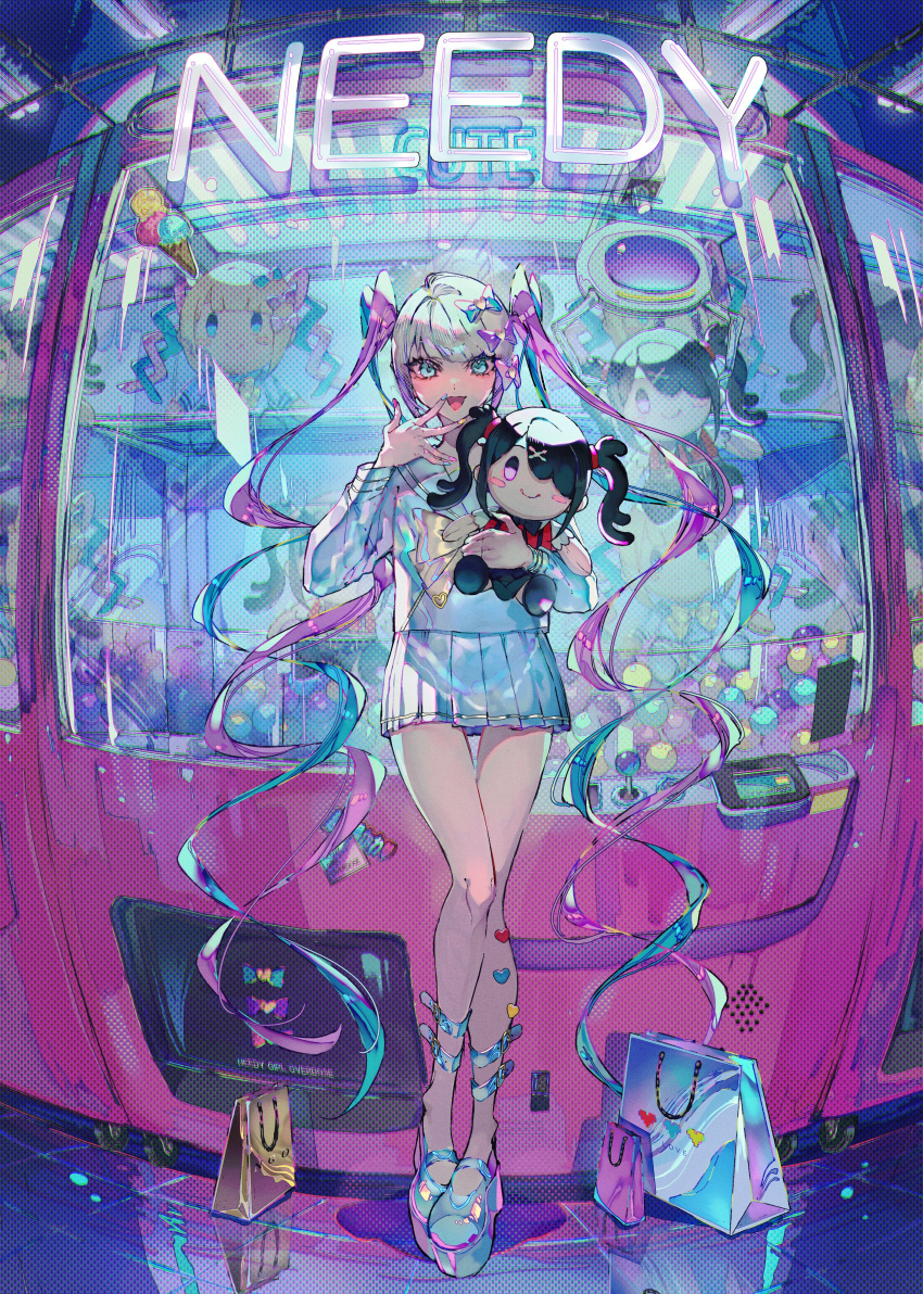 1girl, :d, absurdres, ame-chan_(needy_girl_overdose), arcade, blonde_hair, blue_bow, blue_eyes