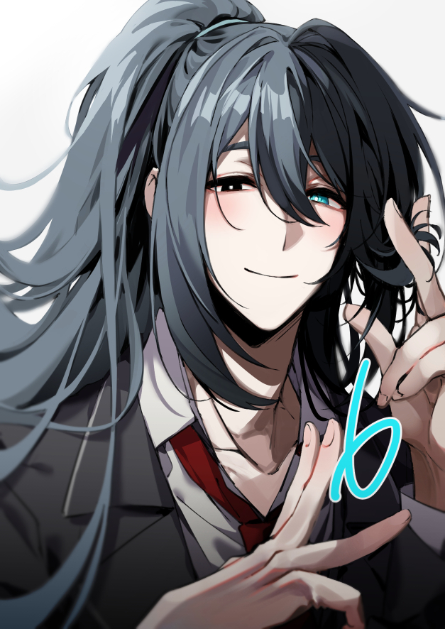 1boy, aqua_eyes, black_eyes, black_hair, closed_mouth, collared_shirt, hands_up, heterochromia