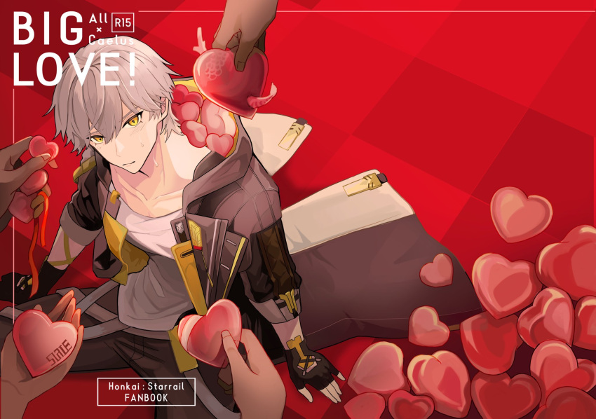 1boy, 4others, arm_ribbon, black_coat, black_gloves, black_pants, blush, caelus_(honkai:_star_rail)