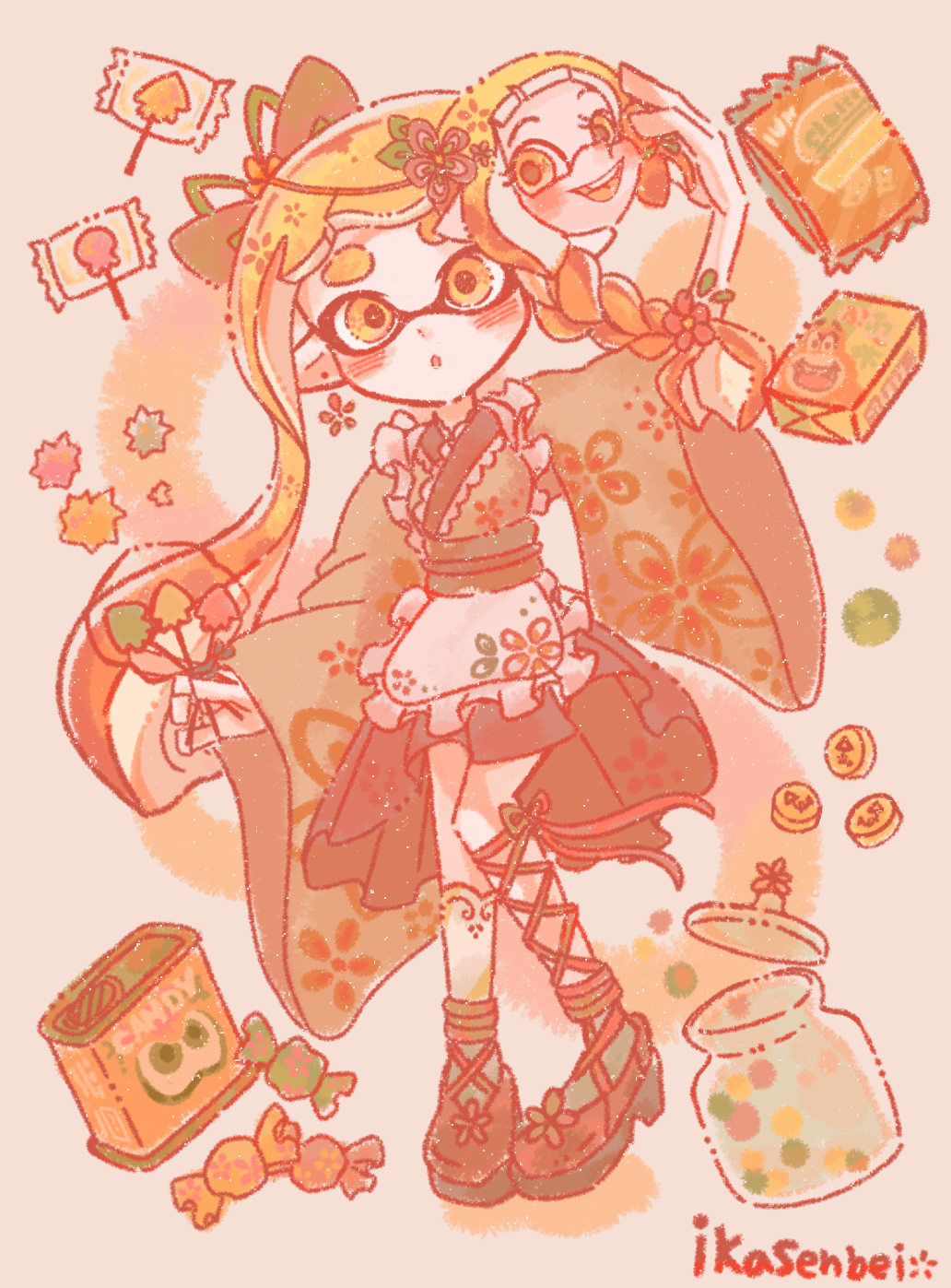 1girl, :o, apron, artist_name, bow, braid, candy, character_mask