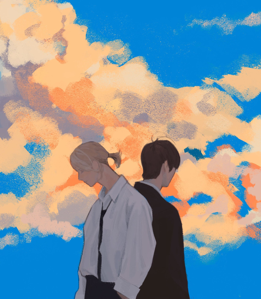 2boys, black_hair, blonde_hair, clouds, collared_shirt, formal, highres, hyunjin_(stray_kids), lee_know_(stray_kids), low_ponytail, multiple_boys, parumaggie, real_life, shirt, stray_kids