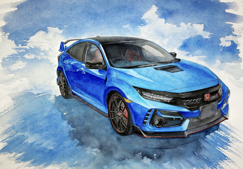 blue_background, blue_car, car, fui_(gp_gp_gp), highres, honda, honda_civic, honda_civic_type_r, motor_vehicle, no_humans, original, painting_(medium), shadow, spoiler_(automobile), traditional_media, vehicle_focus, watercolor_(medium)