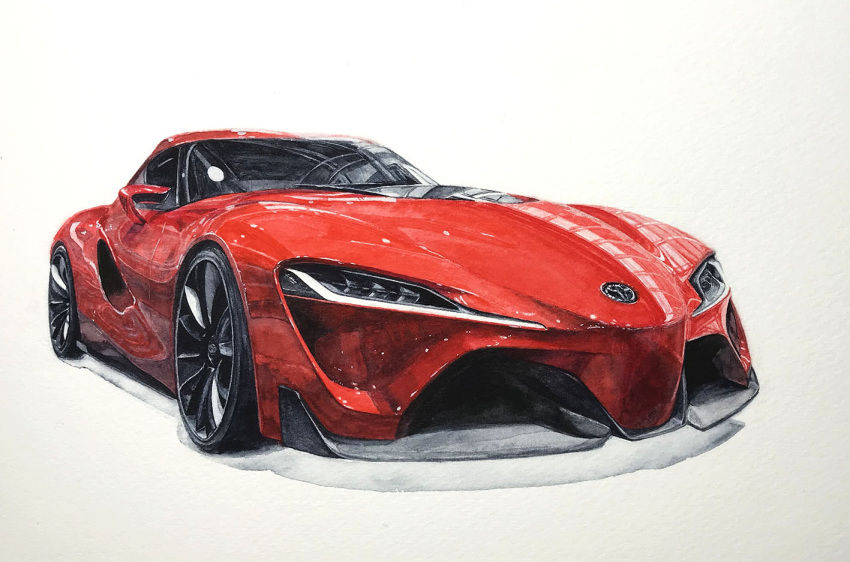 car, fui_(gp_gp_gp), motor_vehicle, no_humans, original, painting_(medium), red_car, shadow, sports_car, toyota, toyota_ft-1, traditional_media, vehicle_focus, watercolor_(medium), white_background