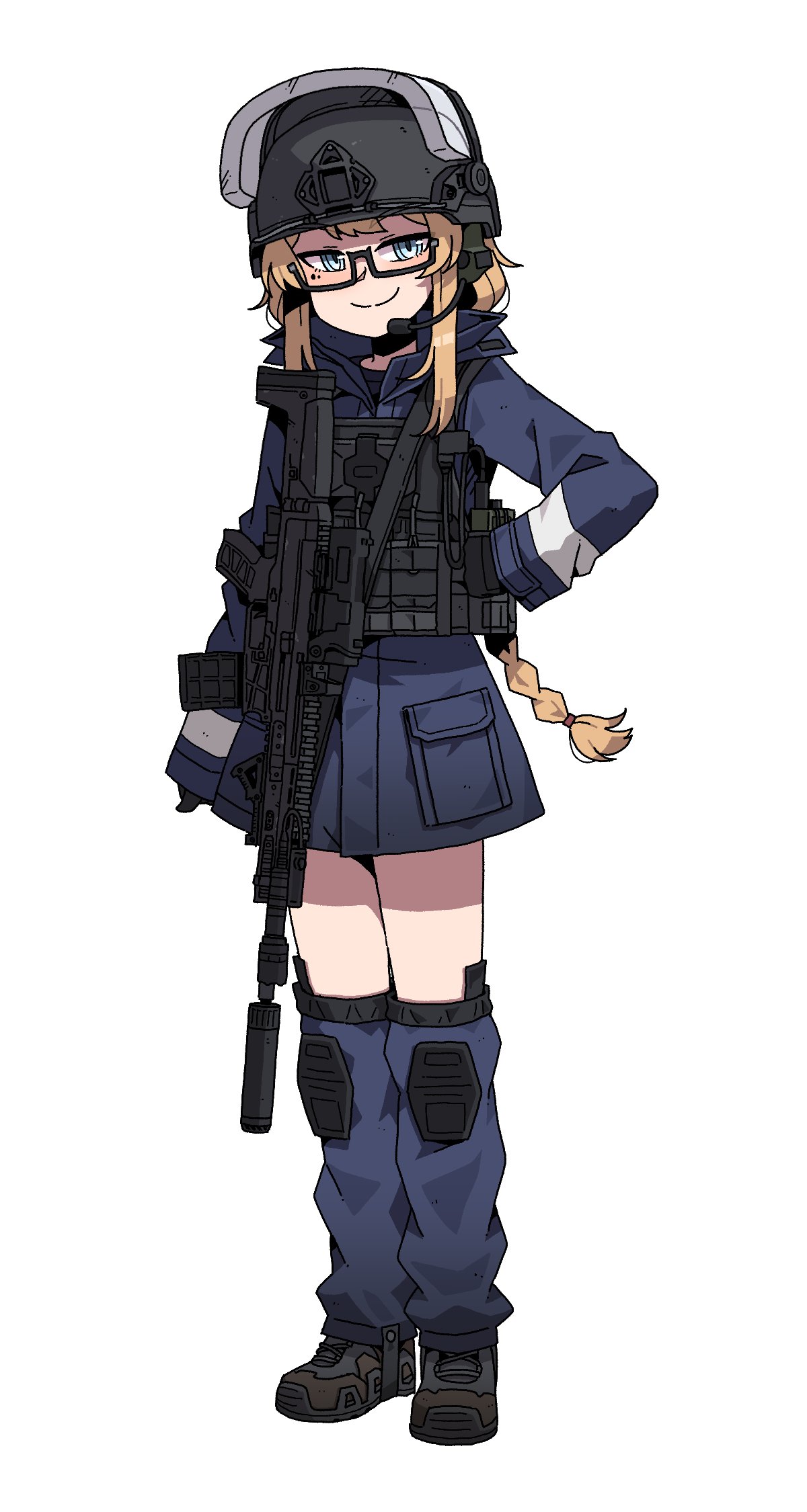 1girl, ammunition_pouch, angled_foregrip, black_gloves, black_shirt, blonde_hair, blue_eyes, blue_jacket
