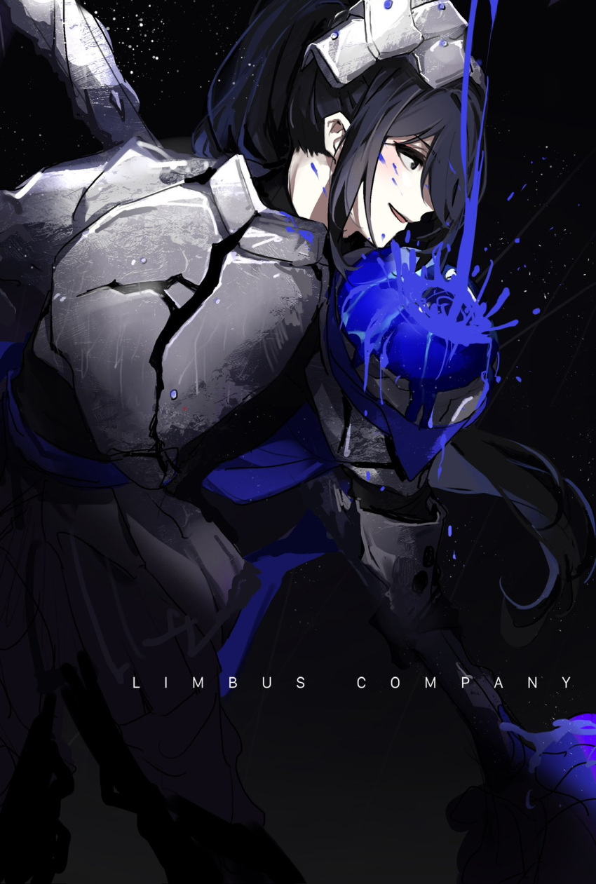 1boy, armor, black_armor, black_background, black_eyes, black_hair, blue_liquid, blue_sash