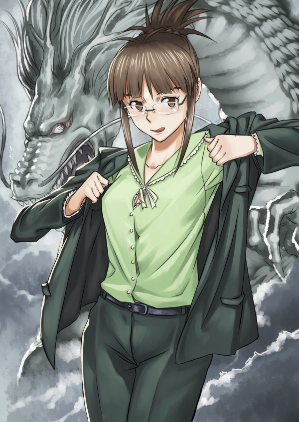 aerodog, brown_eyes, brown_hair, dragon, formal, glasses, idolmaster, idolmaster_2