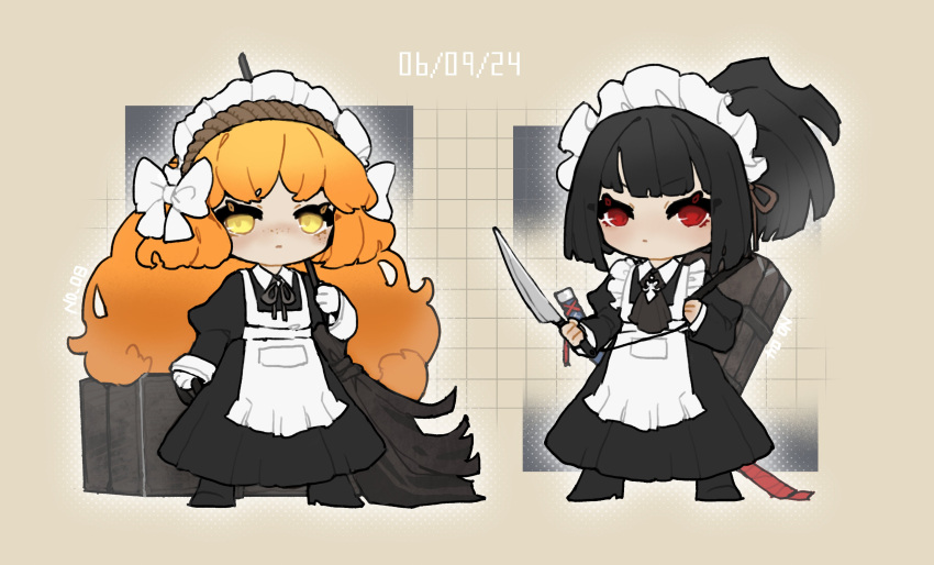 2girls, absurdres, apron, ascot, black_ascot, black_footwear, black_hair, bow