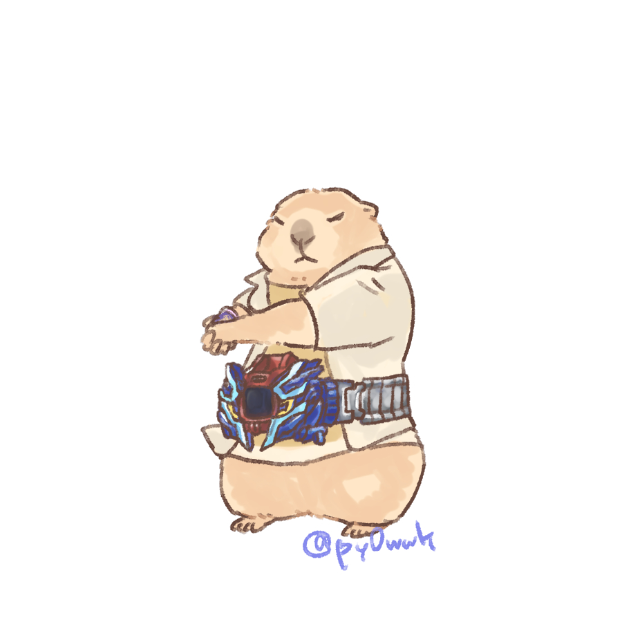 animal_focus, body_fur, brown_fur, closed_eyes, cosplay, destream_driver, full_body, hashtag-only_commentary, henshin_pose, holding, igarashi_genta, igarashi_genta_(cosplay), kamen_rider, kamen_rider_revice, prairie_dog, py0wwk, simple_background, solo, twitter_username, white_background