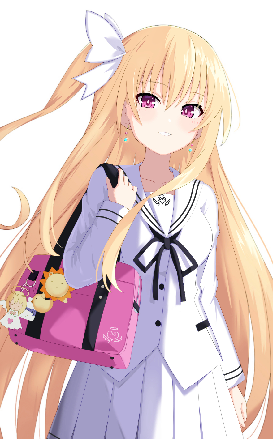 1girl, bag, blonde_hair, bow, breasts, date_a_live, earrings, gekijouban_date_a_live:_mayuri_judgement