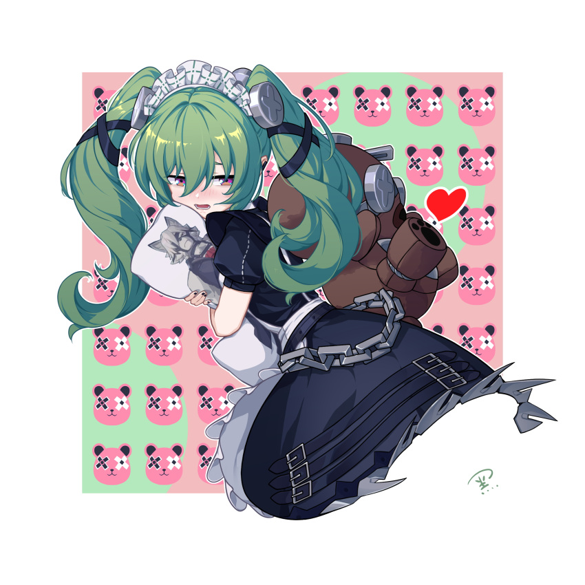 1girl, absurdres, apron, belt, black_belt, black_dress, blush, body_pillow, chain, chinese_commentary, commentary_request, corin_wickes, cropped_torso, dress, from_behind, furry, furry_male, green_background, green_hair, hair_between_eyes, heiza, highres, hugging_object, letterboxed, long_hair, looking_at_viewer, looking_back, lower_teeth_only, maid, maid_apron, maid_headdress, nose_blush, open_mouth, outside_border, outstretched_arms, pillow, pink_background, puffy_short_sleeves, puffy_sleeves, screw_hair_ornament, short_sleeves, signature, simple_background, solo, stuffed_animal, stuffed_toy, teddy_bear, teeth, twintails, upper_body, violet_eyes, von_lycaon, white_apron, zenless_zone_zero
