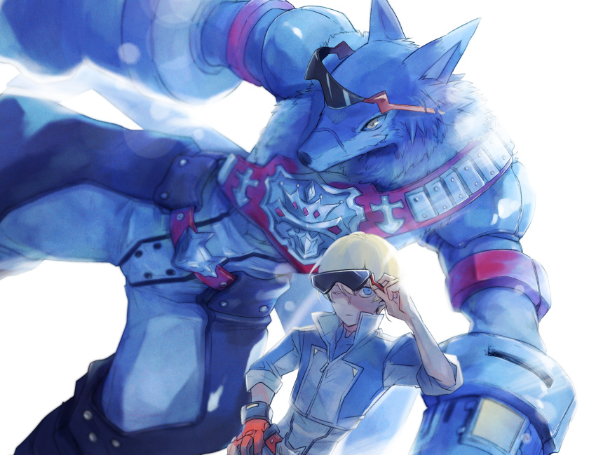2boys, absurdres, adjusting_eyewear, belt, belt_buckle, blonde_hair, blue_eyes, blue_fur