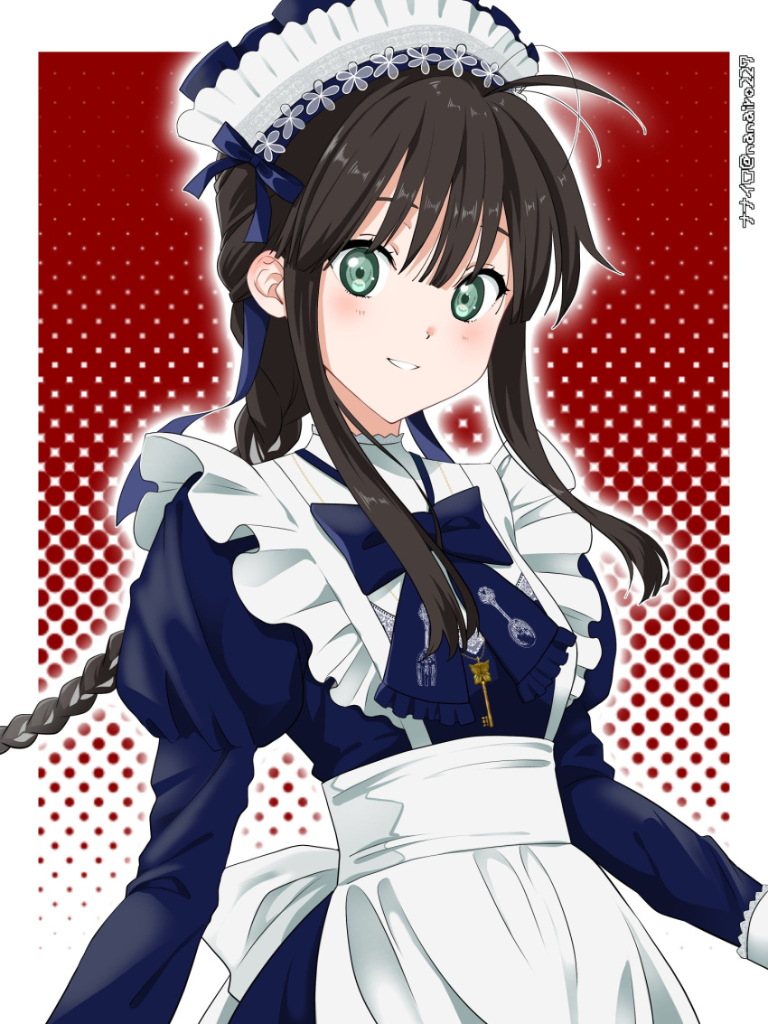 1girl, 22/7, alternate_costume, apron, artist_name, black_hair, blue_dress, blue_ribbon