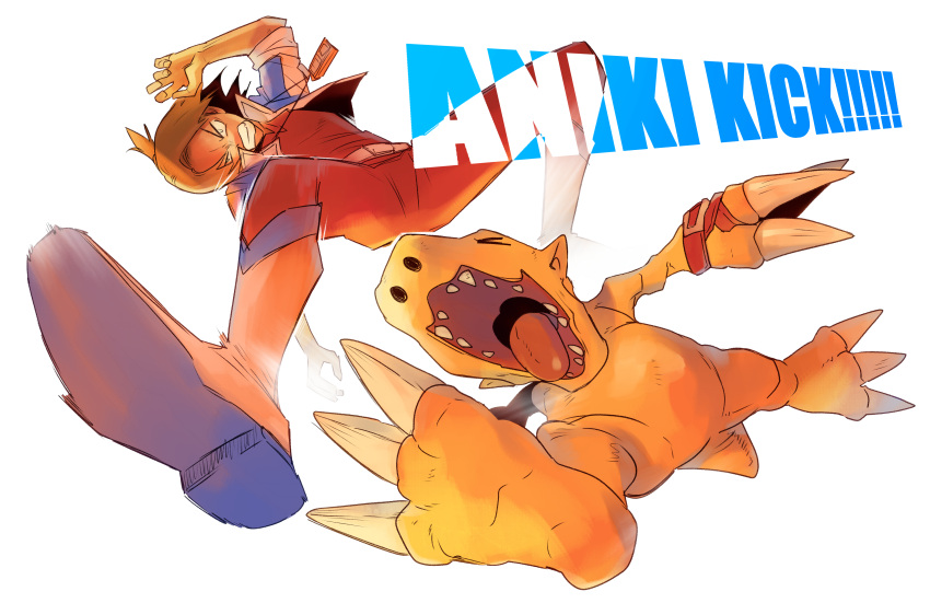 >_<, 2boys, absurdres, agumon_(digimon_savers), blue_jacket, bodysuit, boots, brown_hair