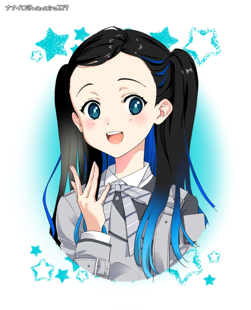 1girl, 22/7, :d, artist_name, black_hair, blue_background, blue_eyes, blue_hair, blush, border, dress, highres, long_hair, long_sleeves, looking_at_viewer, multicolored_hair, nanairo_(nanairo227), nishiura_sora, smile, solo, teeth, twintails, upper_body, upper_teeth_only, white_border