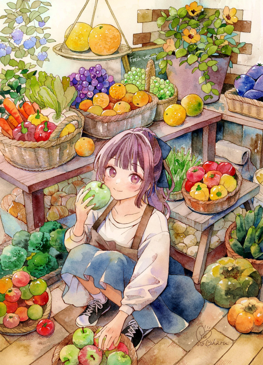 1girl, apple, apron, artist_name, basket, bell_pepper, black_footwear, blue_skirt