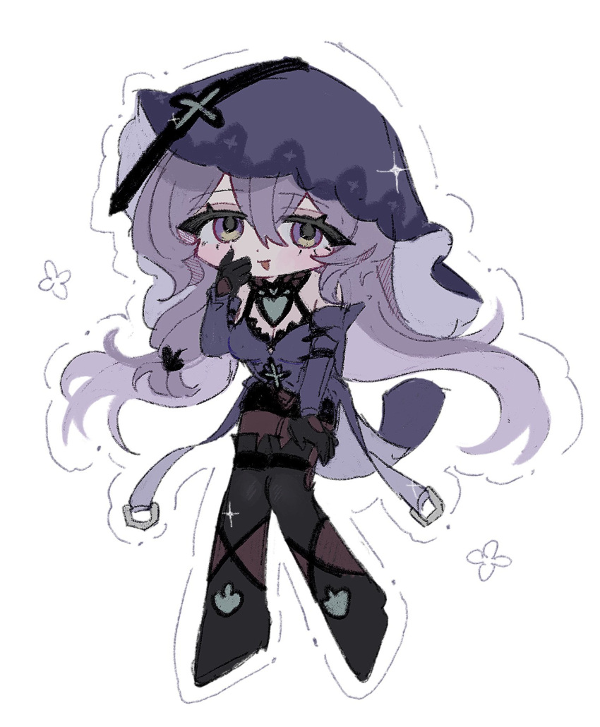 1girl, black_gloves, black_swan_(honkai:_star_rail), boots, buckle, chibi, detached_sleeves, gloves