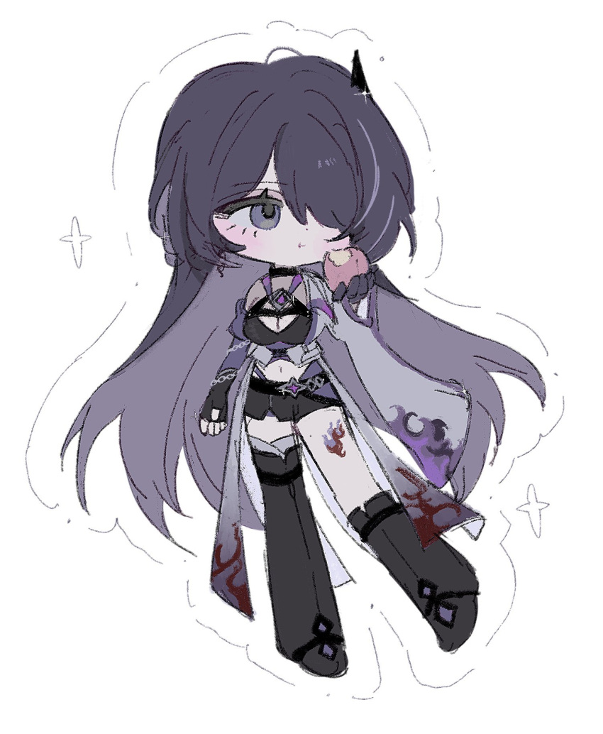 acheron_(honkai:_star_rail), black_shorts, blush, boots, chibi, coat, food, fruit