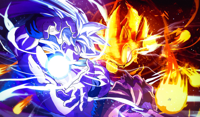 2boys, 2kartz, absurdres, aura, battle, body_fur, crossover, dragon_ball