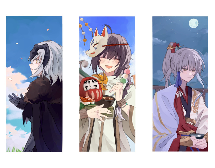 1boy, 1girl, 1other, ahoge, androgynous, archer_(fate/samurai_remnant), arm_guards, black_hair
