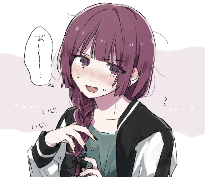 1girl, adjusting_hair, black_jacket, black_nails, blunt_bangs, blush, bocchi_the_rock!, bow