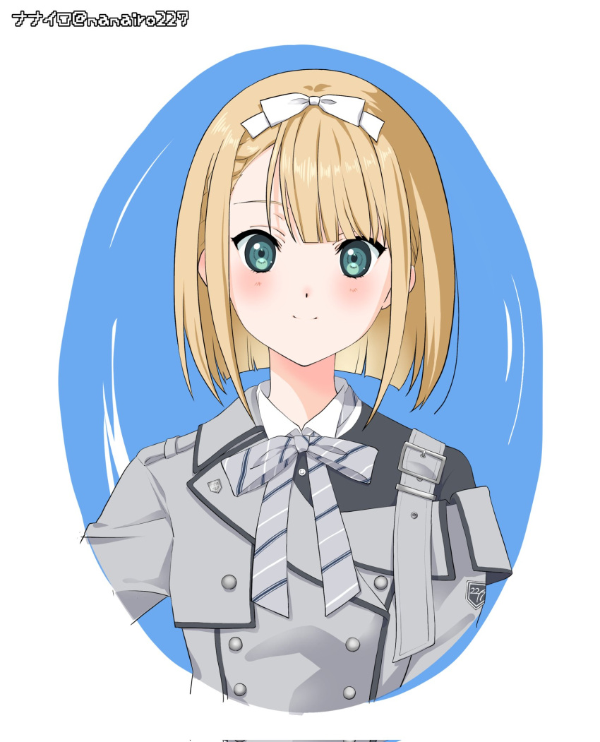 1girl, 22/7, artist_name, blonde_hair, blue_background, blush, border, dress