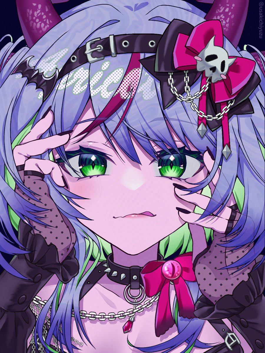 1girl, apricot_the_lich, apricot_the_lich_(vampidol), bat_hair_ornament, black_nails, bow, chain, character_name