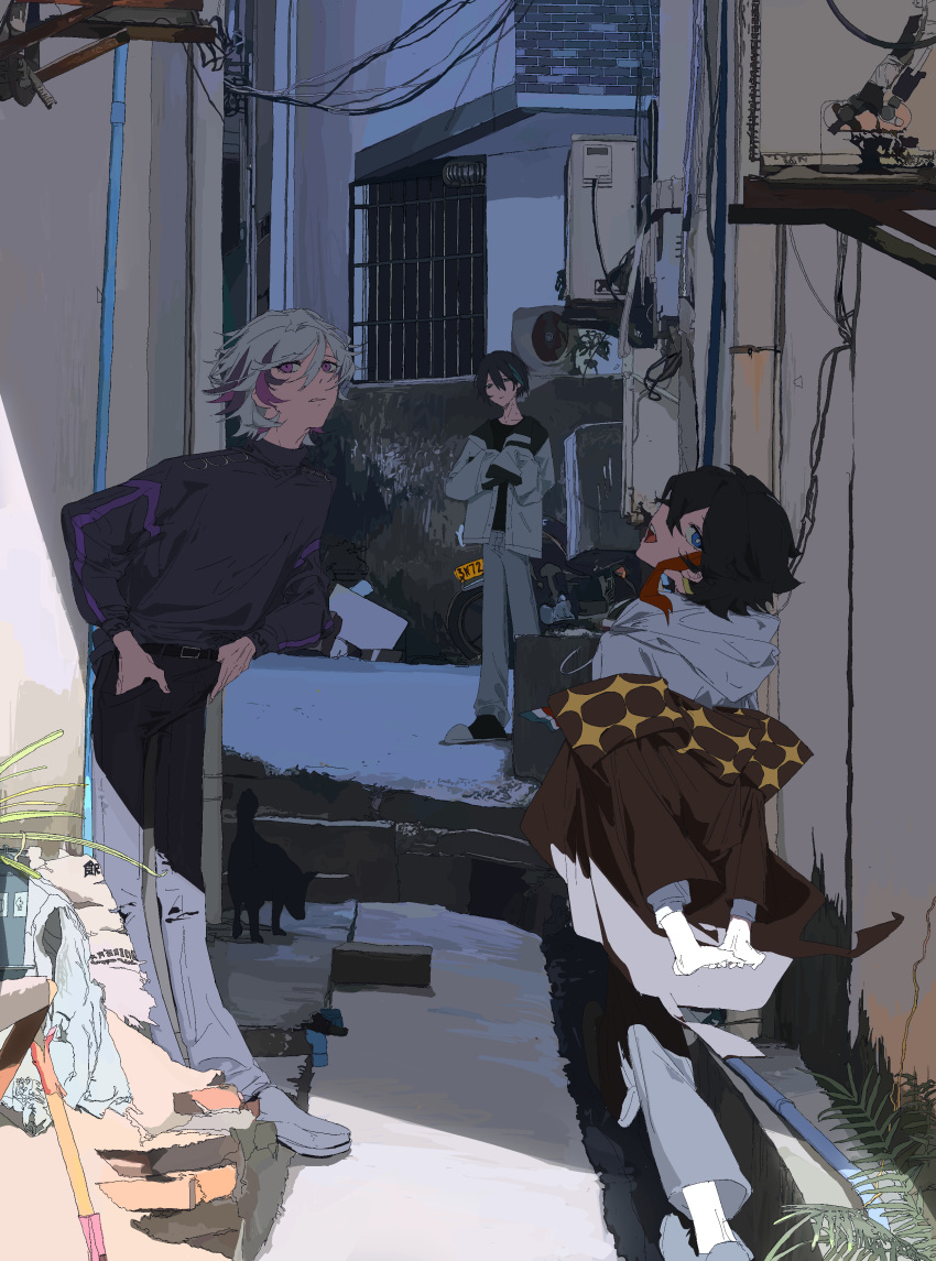 3boys, absurdres, belt, black_belt, black_hair, black_pants, black_shirt, black_socks, black_sweater, blue_eyes, blue_hair, brown_jacket, chinese_commentary, commentary_request, full_body, fuwa_minato, grey_pants, hands_in_pockets, highres, hood, hoodie, jacket, kaiaik_(zheliakaina), majors_(nijisanji), male_focus, mayuzumi_kai, multicolored_hair, multiple_boys, nijisanji, open_clothes, open_jacket, open_mouth, outdoors, pants, purple_hair, redhead, saegusa_akina, shirt, short_hair, slippers, smile, socks, streaked_hair, sweater, turtleneck, turtleneck_sweater, violet_eyes, virtual_youtuber, white_footwear, white_hair, white_hoodie, white_jacket