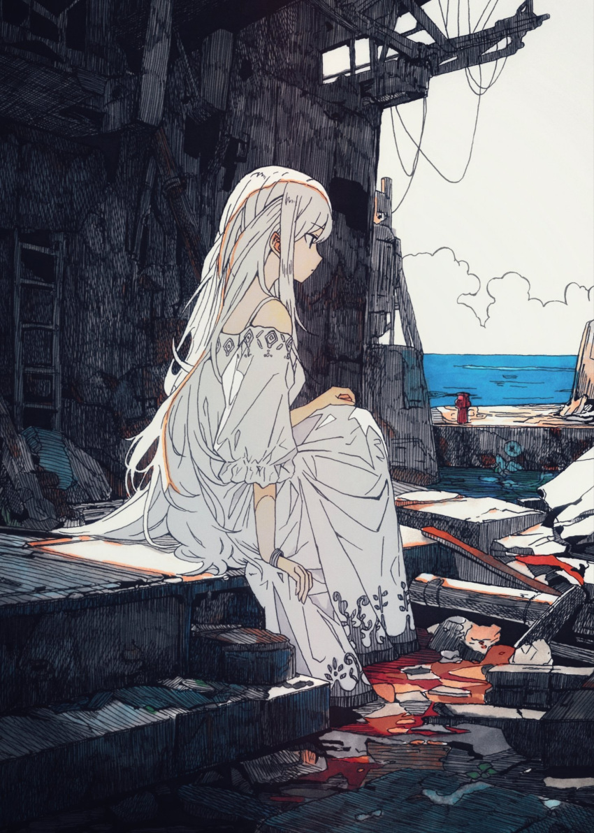 1girl, bare_shoulders, bracelet, clouds, dong-hang, dress, full_body, hand_on_own_knee, hatching_(texture), highres, industrial, jewelry, long_hair, looking_afar, ocean, off-shoulder_dress, off_shoulder, original, outdoors, sitting, solo, very_long_hair, water, white_dress, white_hair