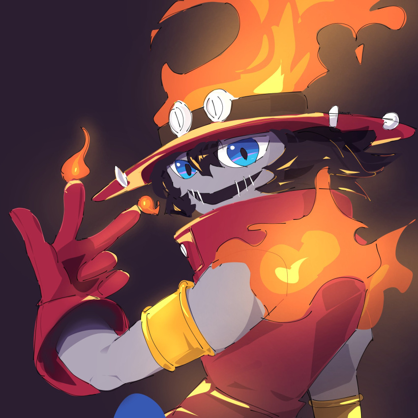 1boy, blue_eyes, coat, colored_skin, dark_background, digimon, digimon_(creature), fire