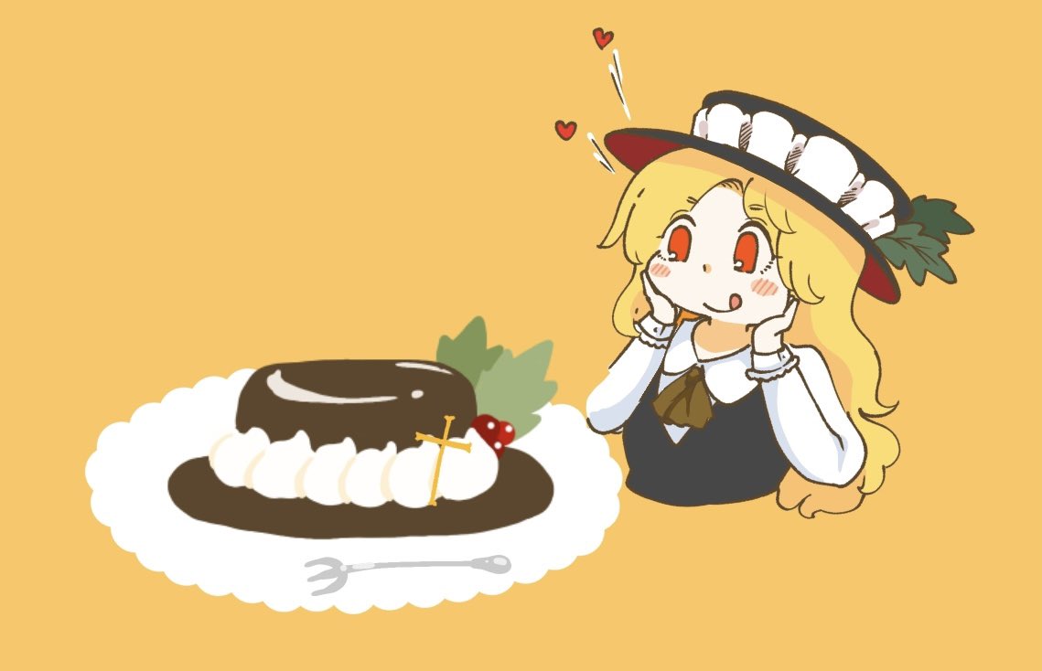 1girl, black_hat, black_vest, blonde_hair, blush, cake, chibi, closed_mouth, commentary_request, cropped_torso, cross, food, frilled_hat, frills, fruit, hands_on_own_face, hat, hat_feather, heart, jacket_girl_(dipp), long_hair, marikirimori, red_eyes, shirt, simple_background, solo, strawberry, tongue, tongue_out, touhou, very_long_hair, vest, white_shirt, yellow_background