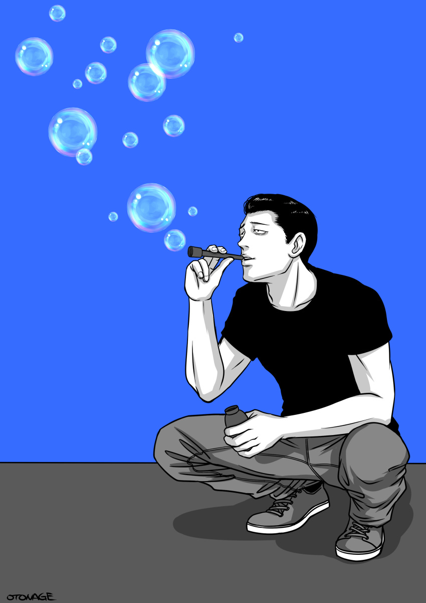 1boy, absurdres, artist_name, black_hair, black_shirt, blowing_bubbles, blue_background, bubble_wand