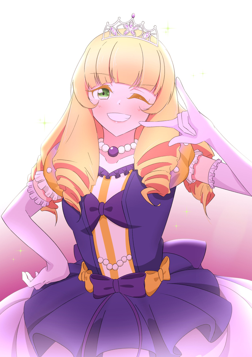1girl, \m/, absurdres, blonde_hair, blush, bow, commentary_request, dress
