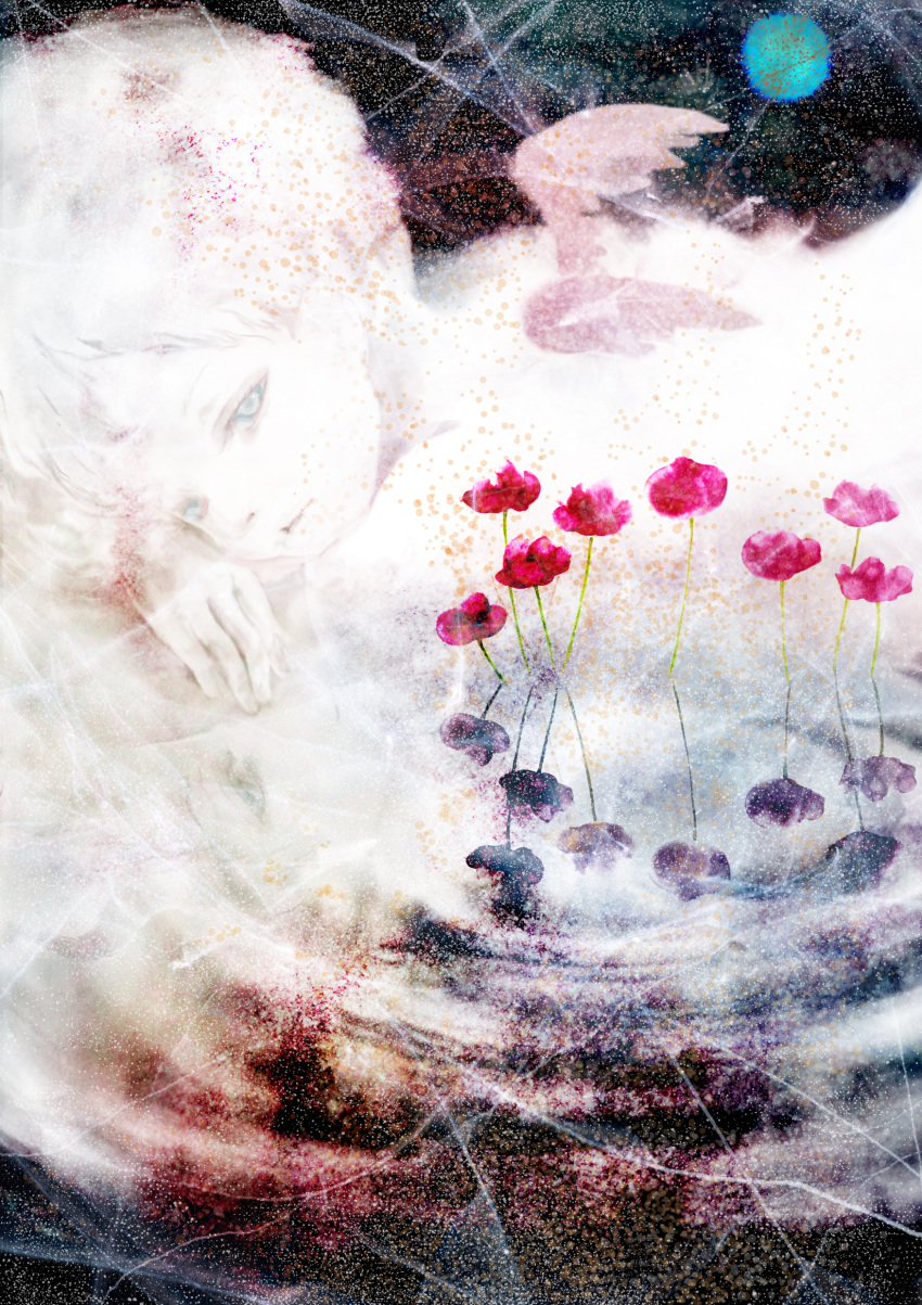 angel_wings, blue_eyes, crossed_arms, eyelashes, flower, highres, lying, nanami_rio, pale_skin, reflection, solo, white_hair, wings