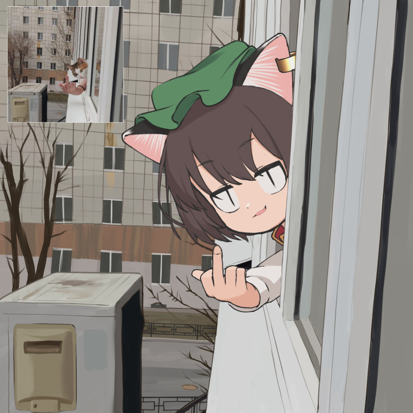 <|>_<|>, 1girl, absurdres, animal_ear_piercing, animal_ears, asakura_haru, brown_hair, building