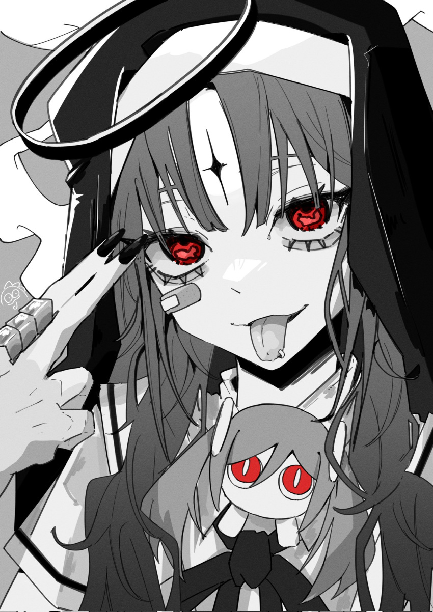 aegyo_sal, bandaid, bandaid_on_face, black_nails, blunt_bangs, coif, commentary_request, doodle_inset
