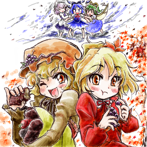 :t, aki_minoriko, aki_shizuha, bag, blonde_hair, blue_hair, blush, bow