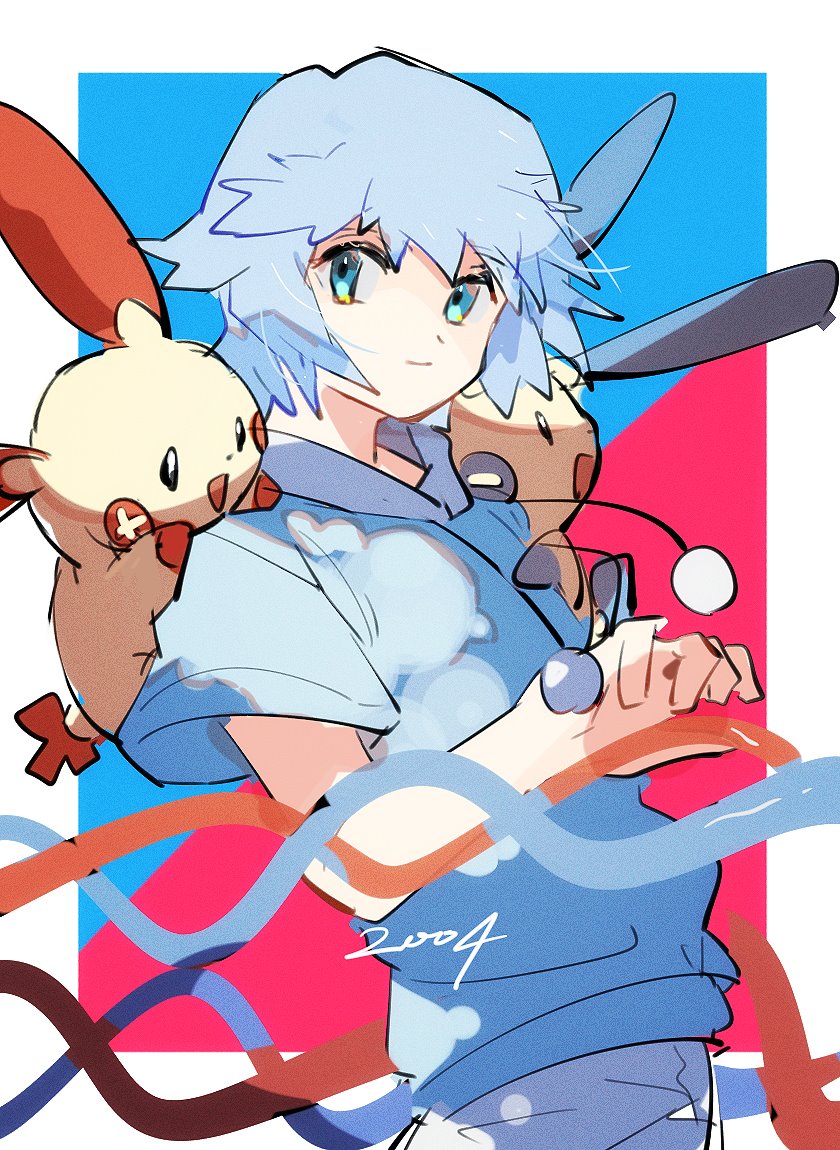 1boy, 21c, :d, animal_ears, blue_eyes, blue_hair, blue_hoodie, border