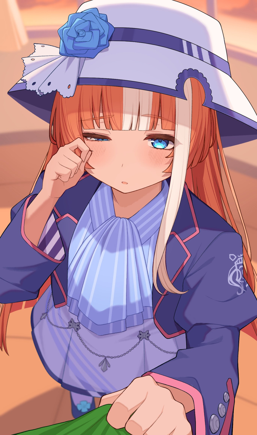 akikawa_yayoi_(umamusume), blue_eyes, blue_flower, blunt_bangs, blurry, blurry_background, bowler_hat, clothes_pull