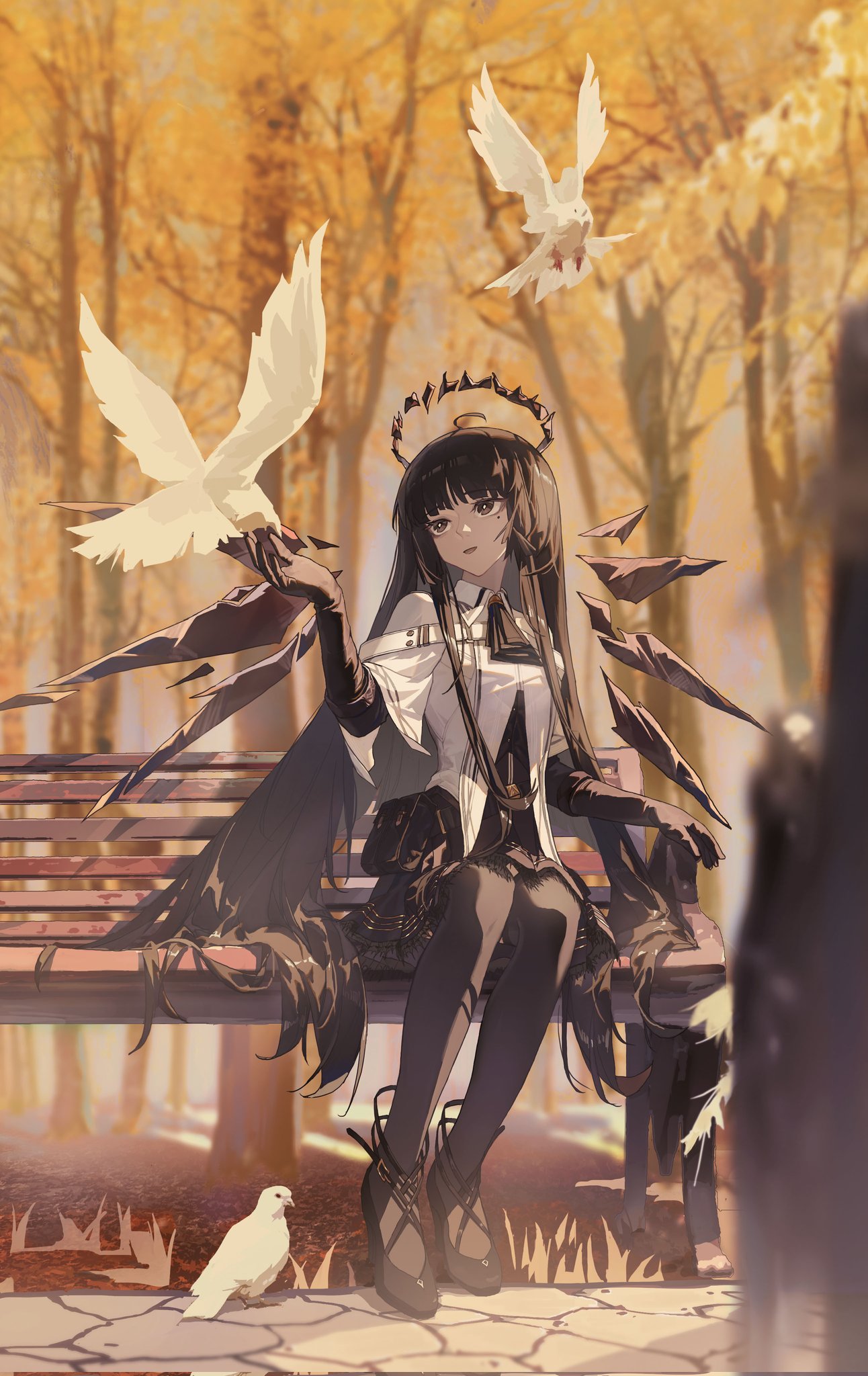 1girl, animal, arknights, ascot, bird, black_ascot, black_footwear, black_garter_straps