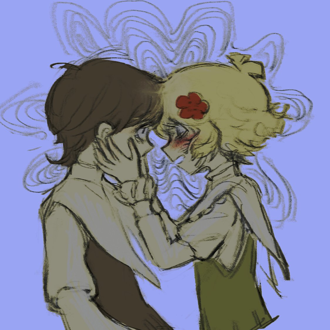 2boys, alternate_costume, basil_(faraway)_(omori), basil_(omori), black_hair, blonde_hair, blush, flower, hair_flower, hair_ornament, lilac_aesthetic, looking_at_another, multiple_boys, omori, open_mouth, short_hair, sunny_(omori)