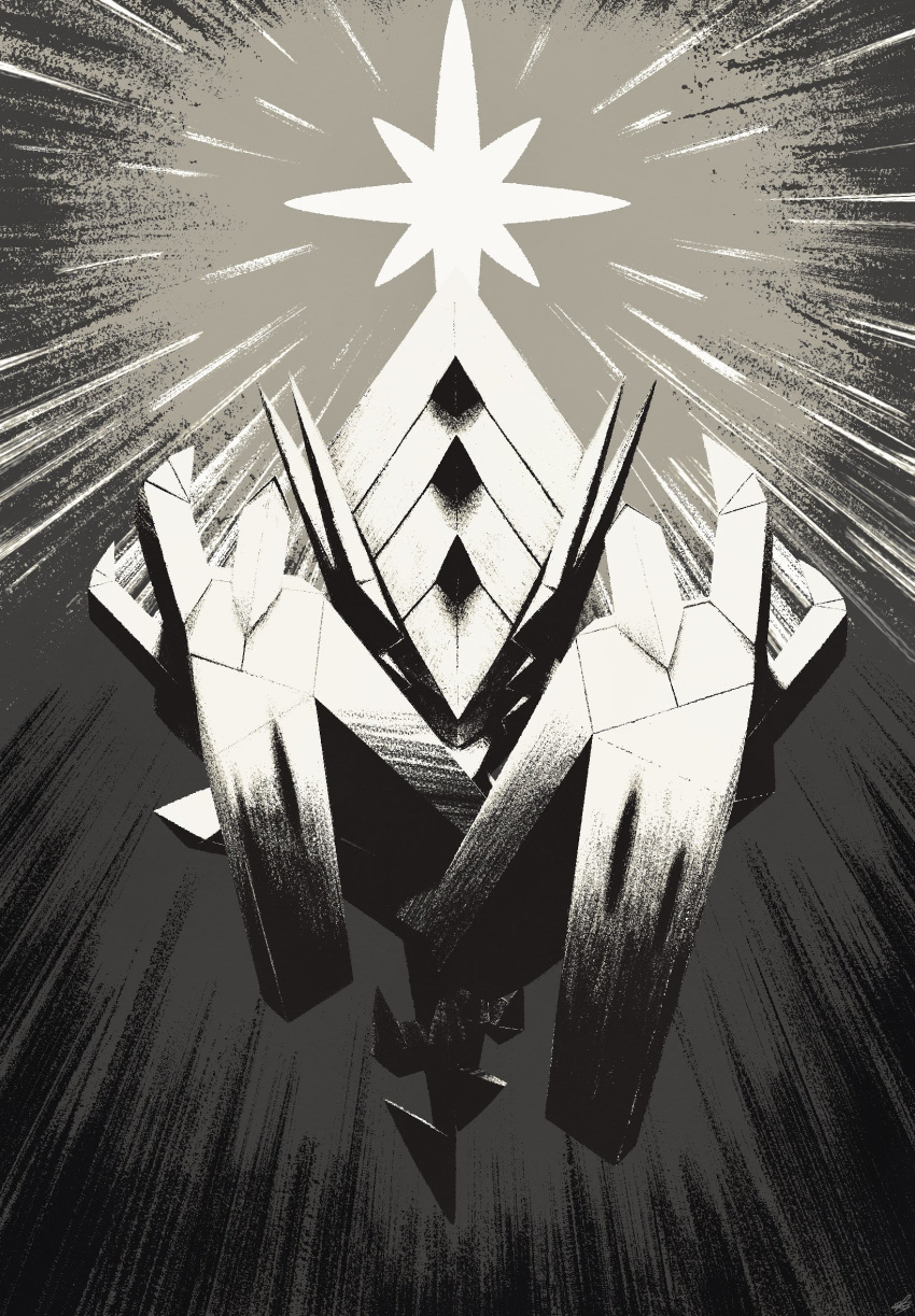 backlighting, claws, crystal, ewokakukaede, greyscale, hands_up, head_down, highres