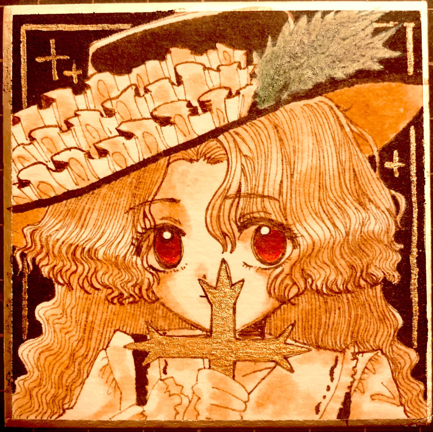 1girl, blonde_hair, brown_hat, brown_vest, cross, feathers, frilled_hat, frilled_shirt_collar, frills, green_feathers, hat, hat_feather, highres, holding, holding_cross, jacket_girl_(dipp), limited_palette, long_hair, okizari, red_eyes, solo, touhou, traditional_media, upper_body, very_long_hair, vest, wavy_hair