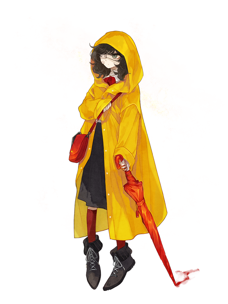 1girl, bag, black_footwear, black_hair, black_skirt, blood, bow, bowtie